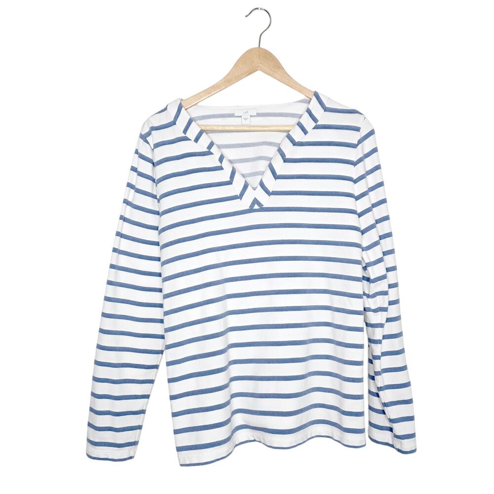 J. Jill Striped VNeck Long Sleeve Tee Large Blue White Cotton Beachy Preppy Soft